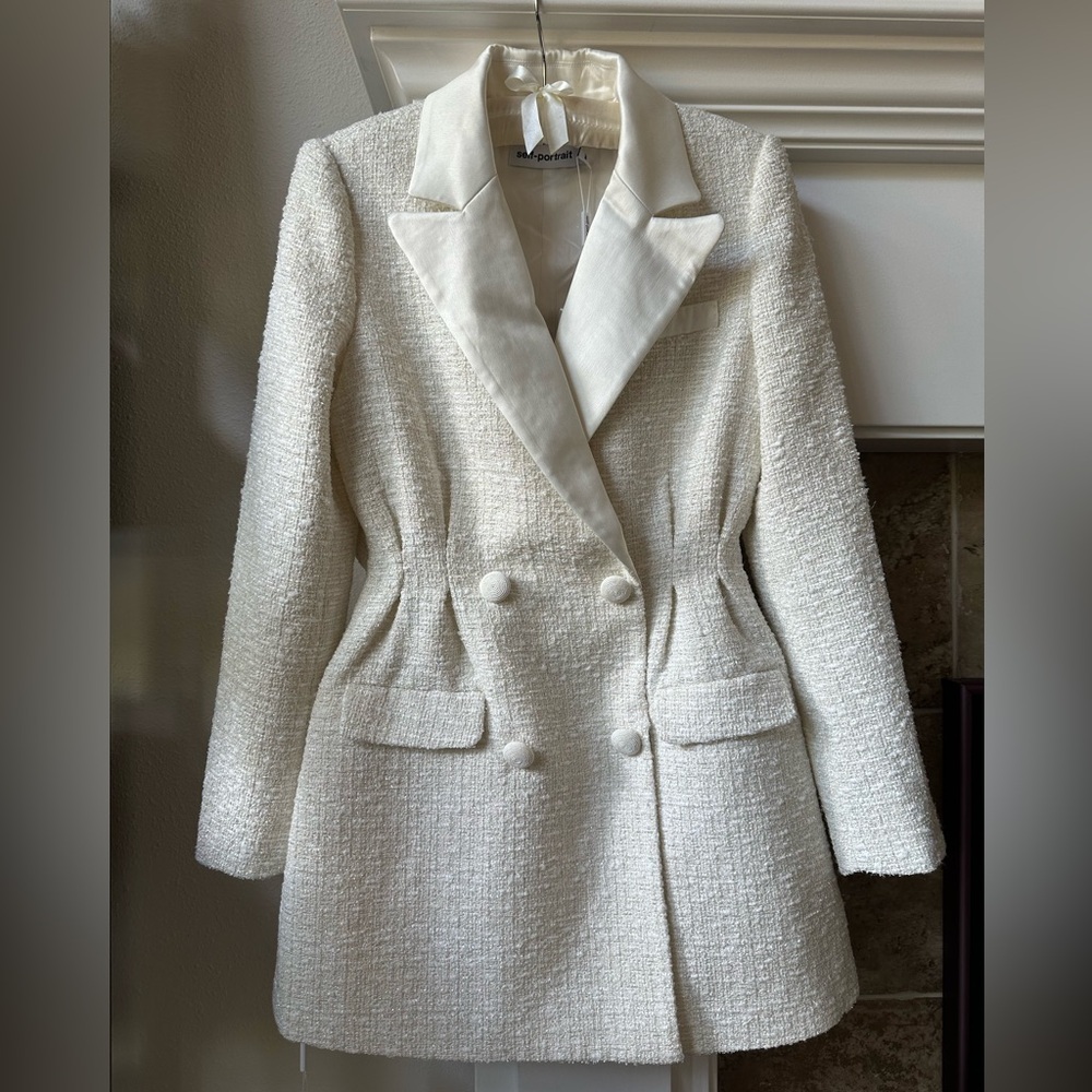 NWT Self-Portrait Metallic Boucle Double-Breasted Blazer Dress in Cream, Sz 4